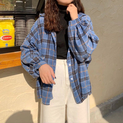 Loose Long Sleeve Button Plaid Blouse Shirt