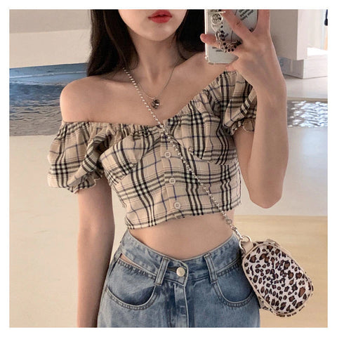 Sexy Crop Tops mit Puffärmeln und Karomuster 