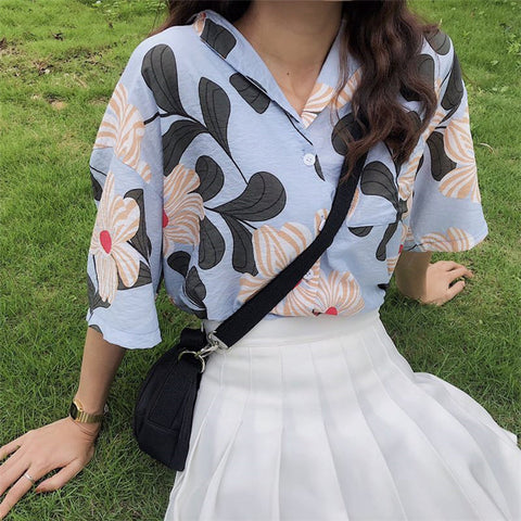 Vintage Floral Pattern Short Sleeve Blouse Shirt