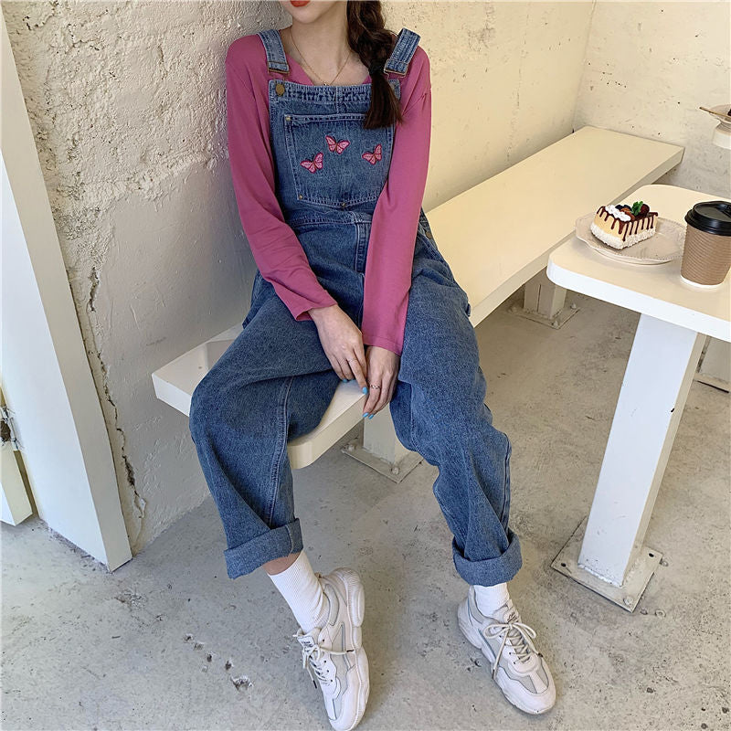 Butterfly Embroidery Retro Denim Jumpsuits