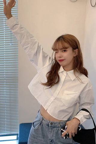Long Sleeve Cropped White Blouse Shirt