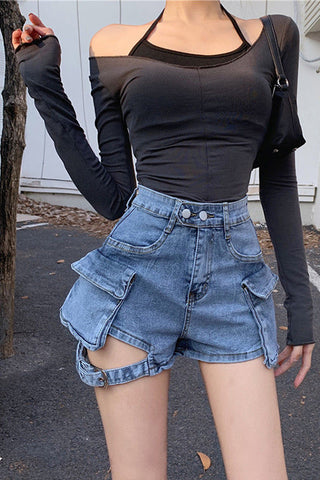 High Waist Cargo Pockets Denim Shorts