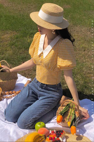 Gelb kariertes Retro-Hemd mit Puffärmeln