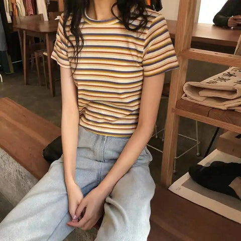 O-Neck Striped Cropped Slim Shirt
