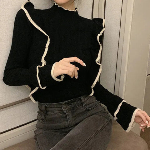 Vintage Ruffles Solid Slim Sweater