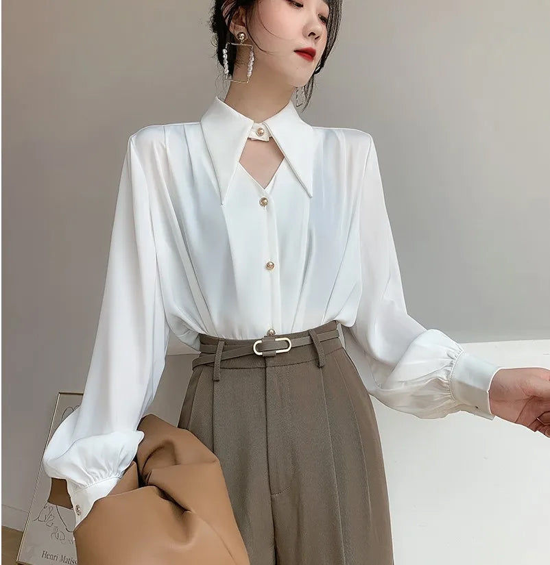 Loose Turn Down Collar Cute Elegant Office Blouse Shirt