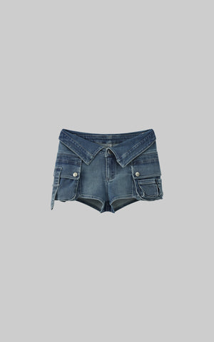 Collar-Waist Deconstructed Denim Shorts