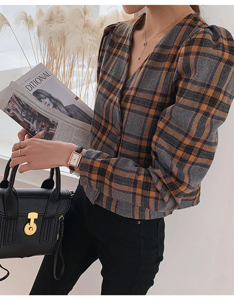 Long Sleeve V-Neck Plaid Elegant Blouse