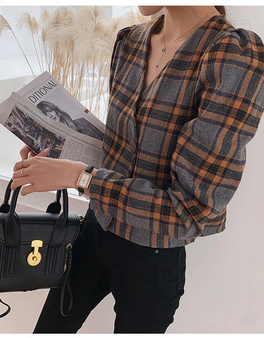 Long Sleeve V-Neck Plaid Elegant Blouse