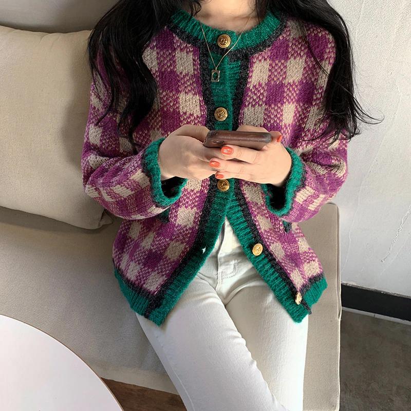 Vintage Purple Knitted Plaid Cardigan