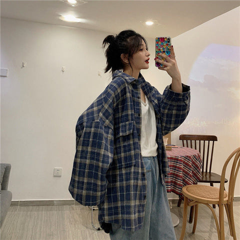 Long Sleeve Retro Thicken Plaid Loose Shirt