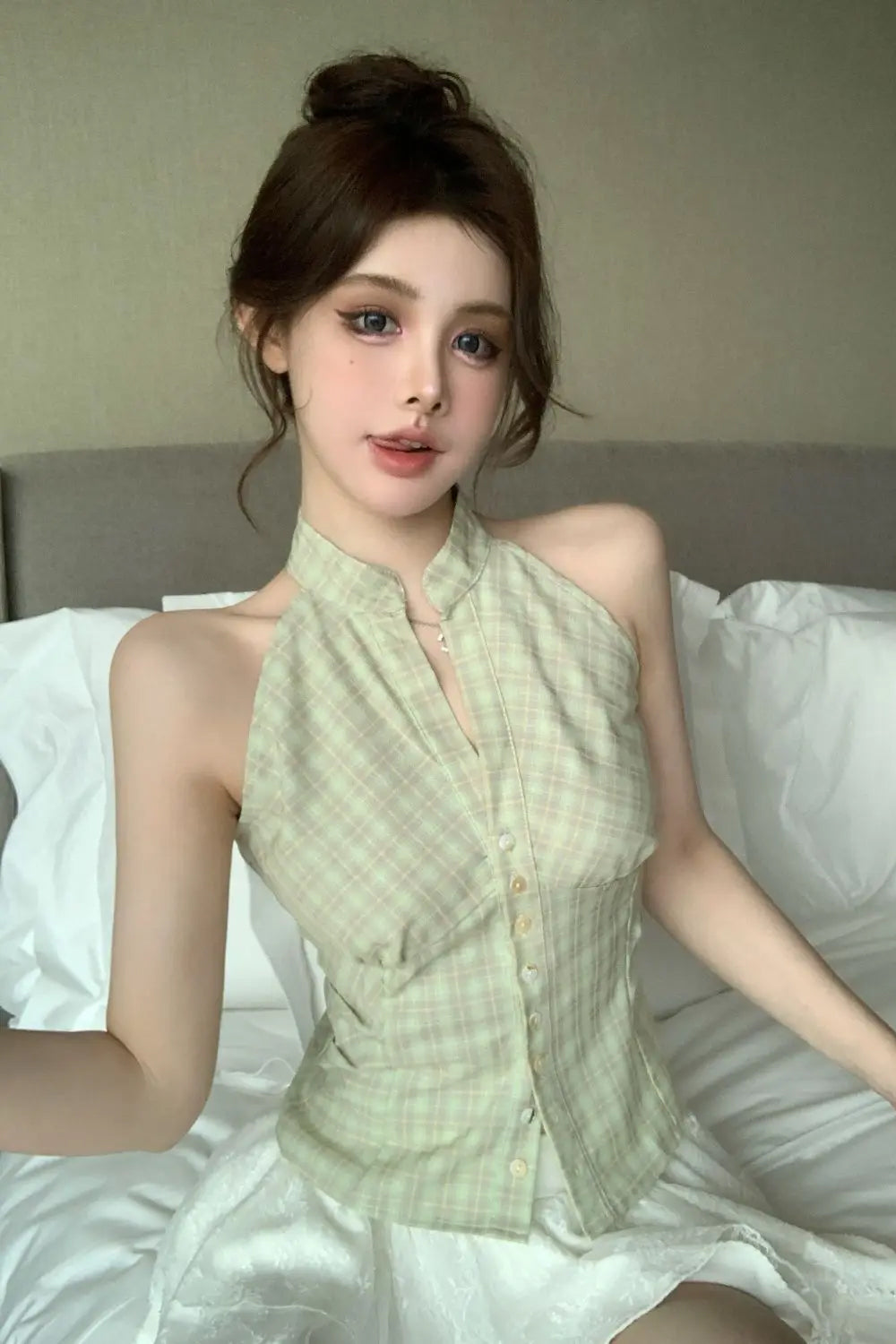 Sleeveless Off Shoulder Plaid Blouse Shirt