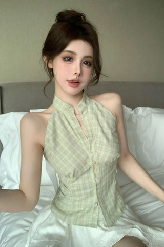 Sleeveless Off Shoulder Plaid Blouse Shirt