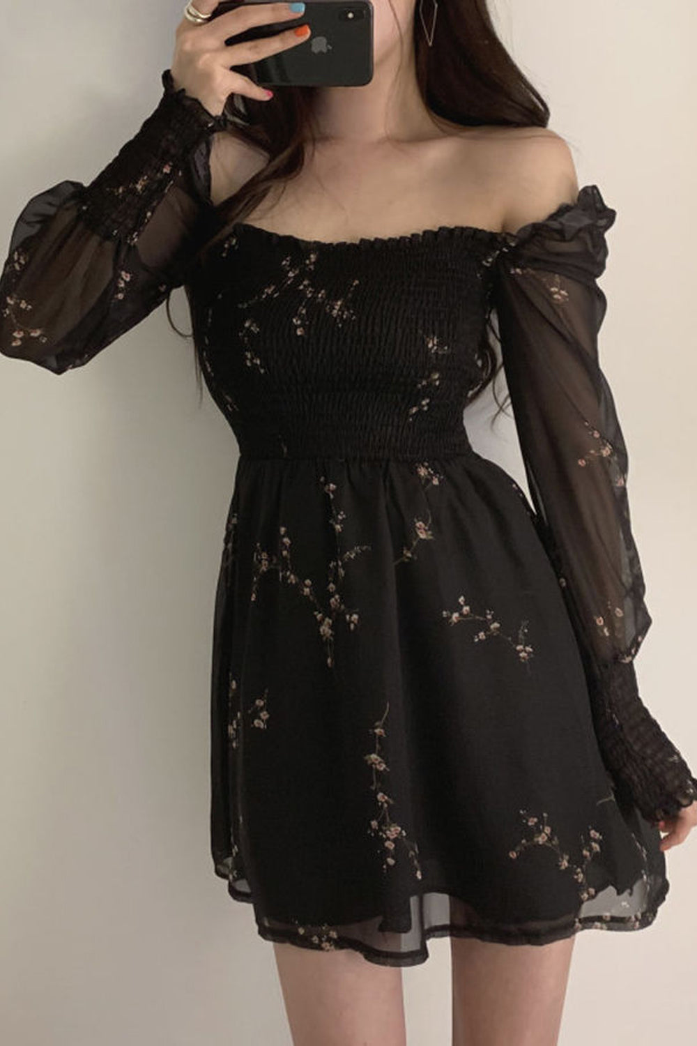 Sexy schwarzes langes Chiffonkleid mit Blumenmuster 