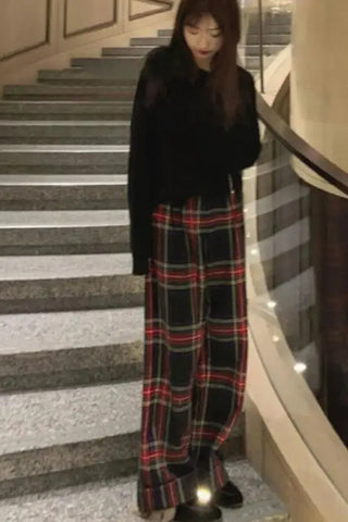 High Waist Retro Red Black Plaid Pants