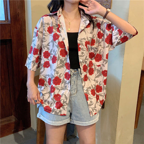 Red Florals Short Sleeve Blouse Shirts