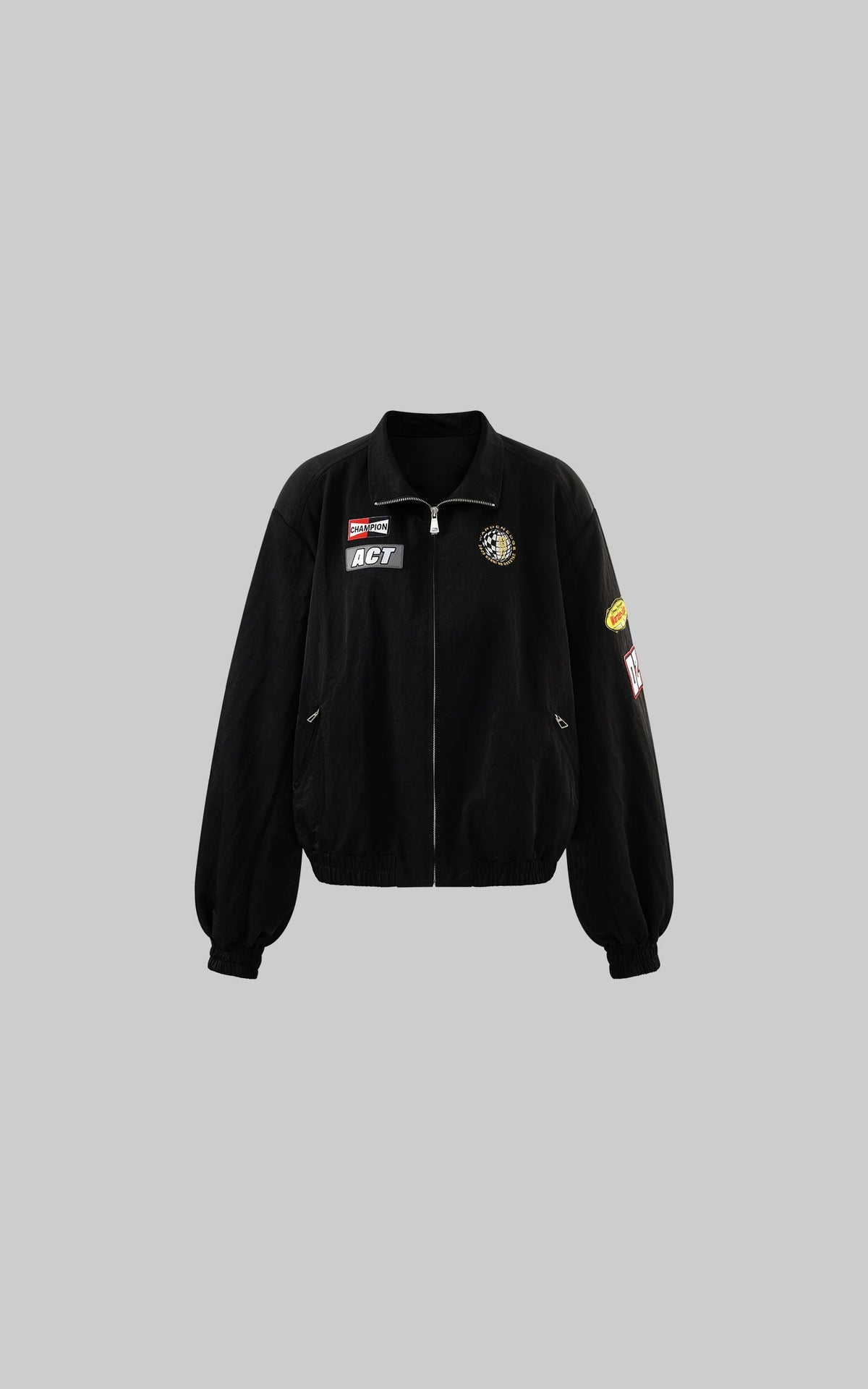 Racing Patch Zip Jacket with Elastic Cuffs and Retro Embroidery