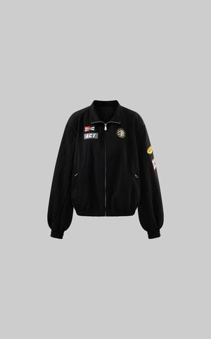 Racing Patch Zip Jacket with Elastic Cuffs and Retro Embroidery