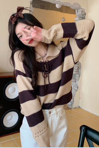 Turn Down Collar Retro Striped Knitted Sweater