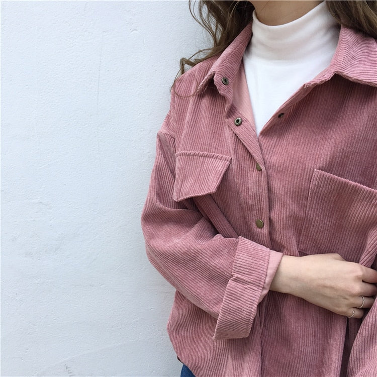 Loose Solid Long Sleeve Corduroy Tops