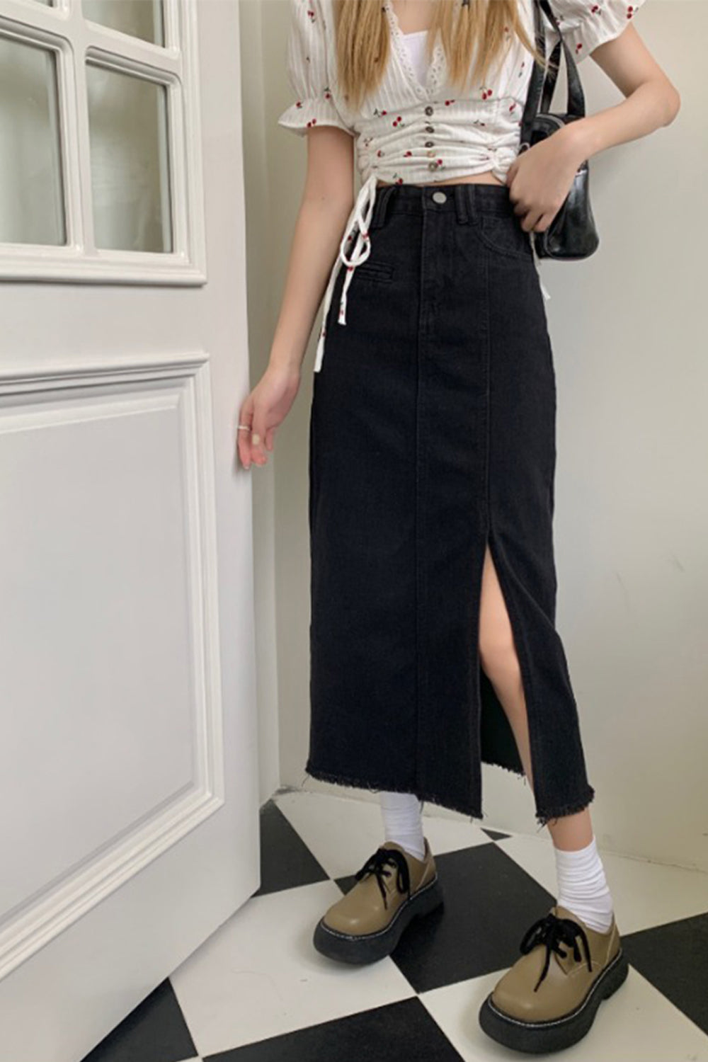 High Waist Vintage A-Line Black Denim Split Skirts