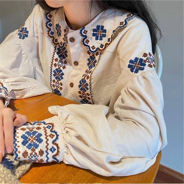 Long Sleeve Vintage Art Embroidered Blouse Shirts