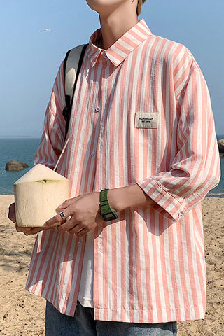 Half Sleeve Pink Striped Men Blouse Shirt
