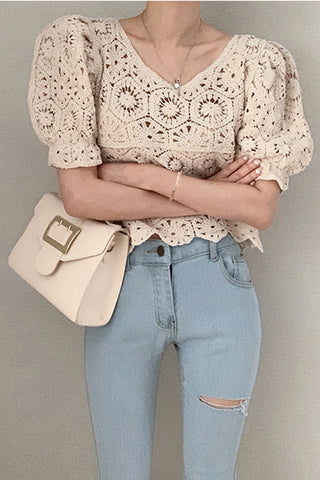 Puff Sleeve Lace Hollow Out Elegant Shirt