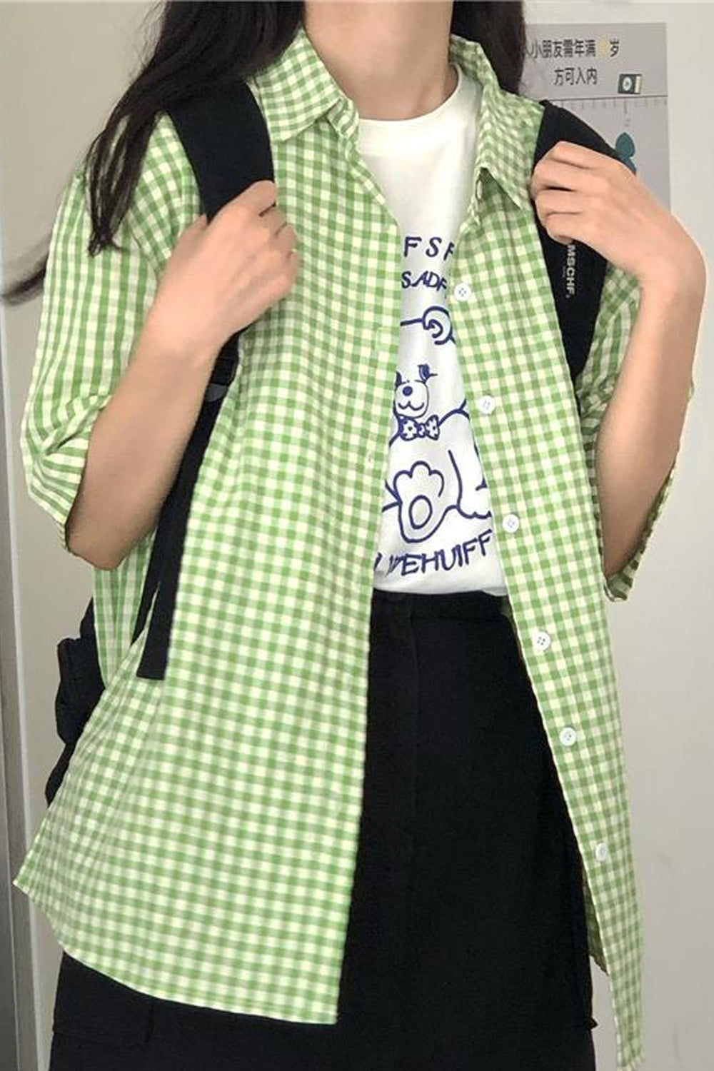 Kurzarm-Bluse in Grün mit Karomuster 