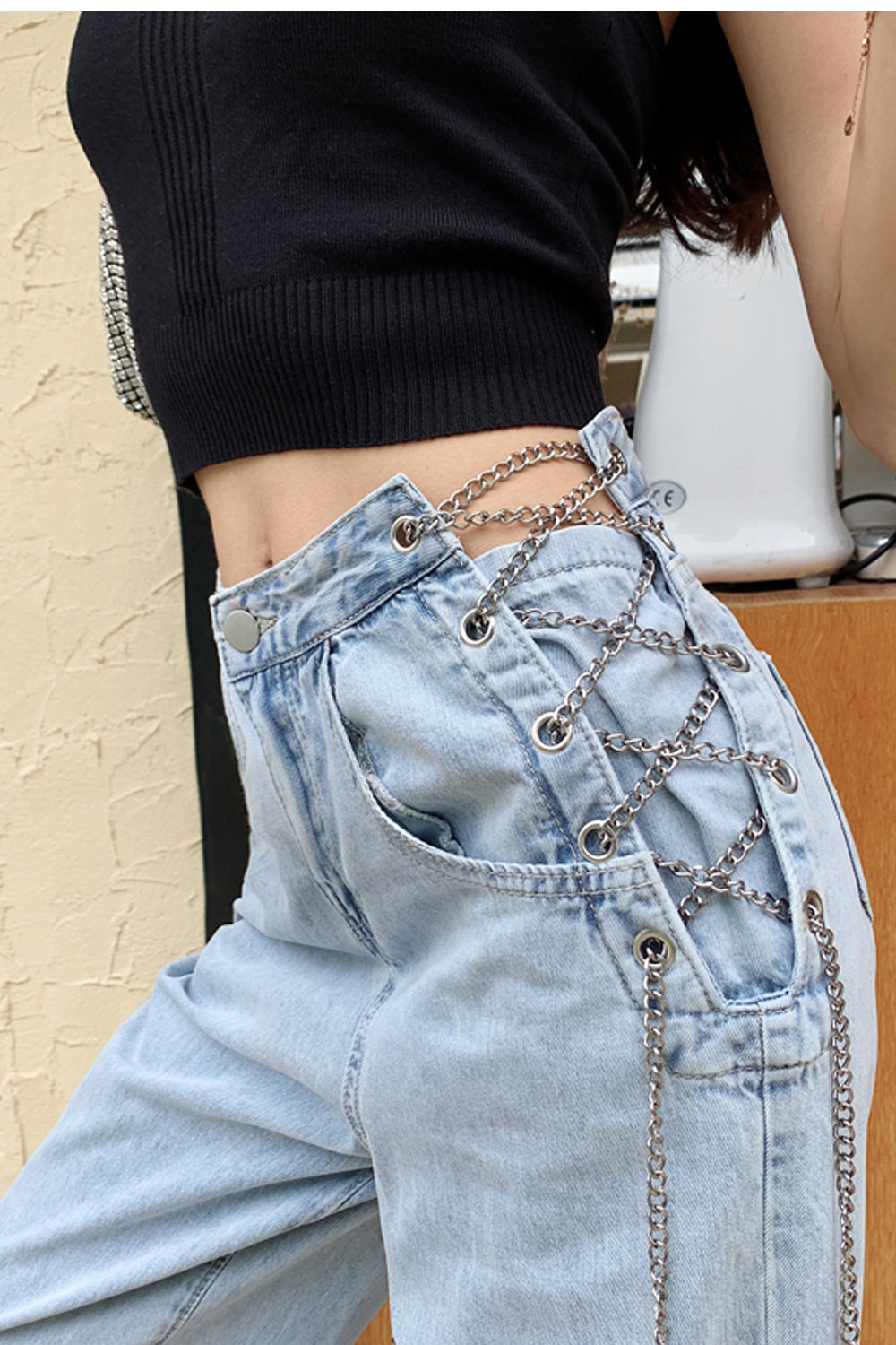 Vintage Chains Hollow Out Long Jeans Pants