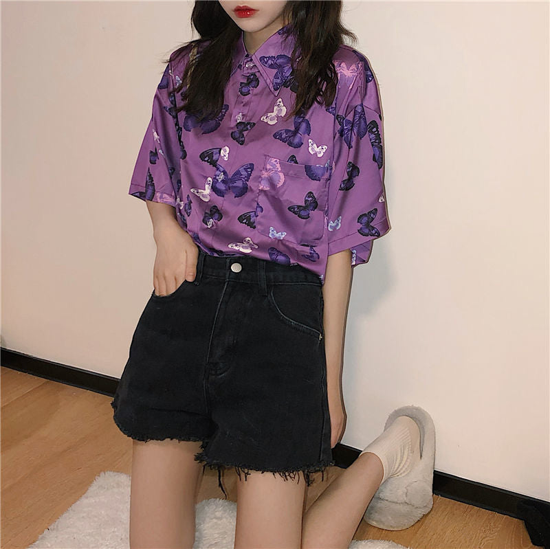 Retro Butterfly Printed Short Sleeve Purple Blouse Shirt