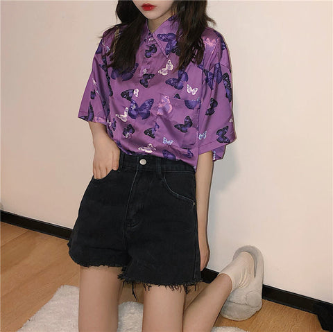 Retro Butterfly Printed Short Sleeve Purple Blouse Shirt