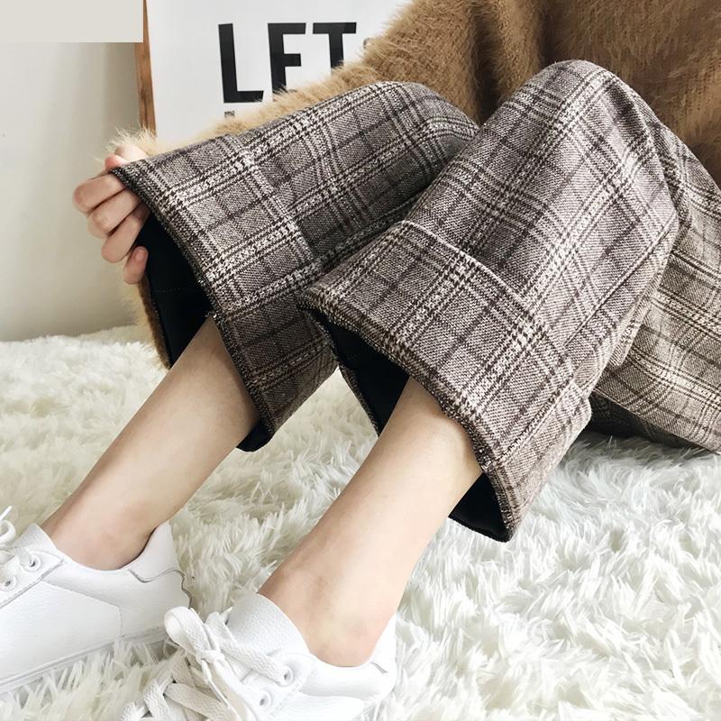 High Waist Ankle Length Woolen Plaid Pants