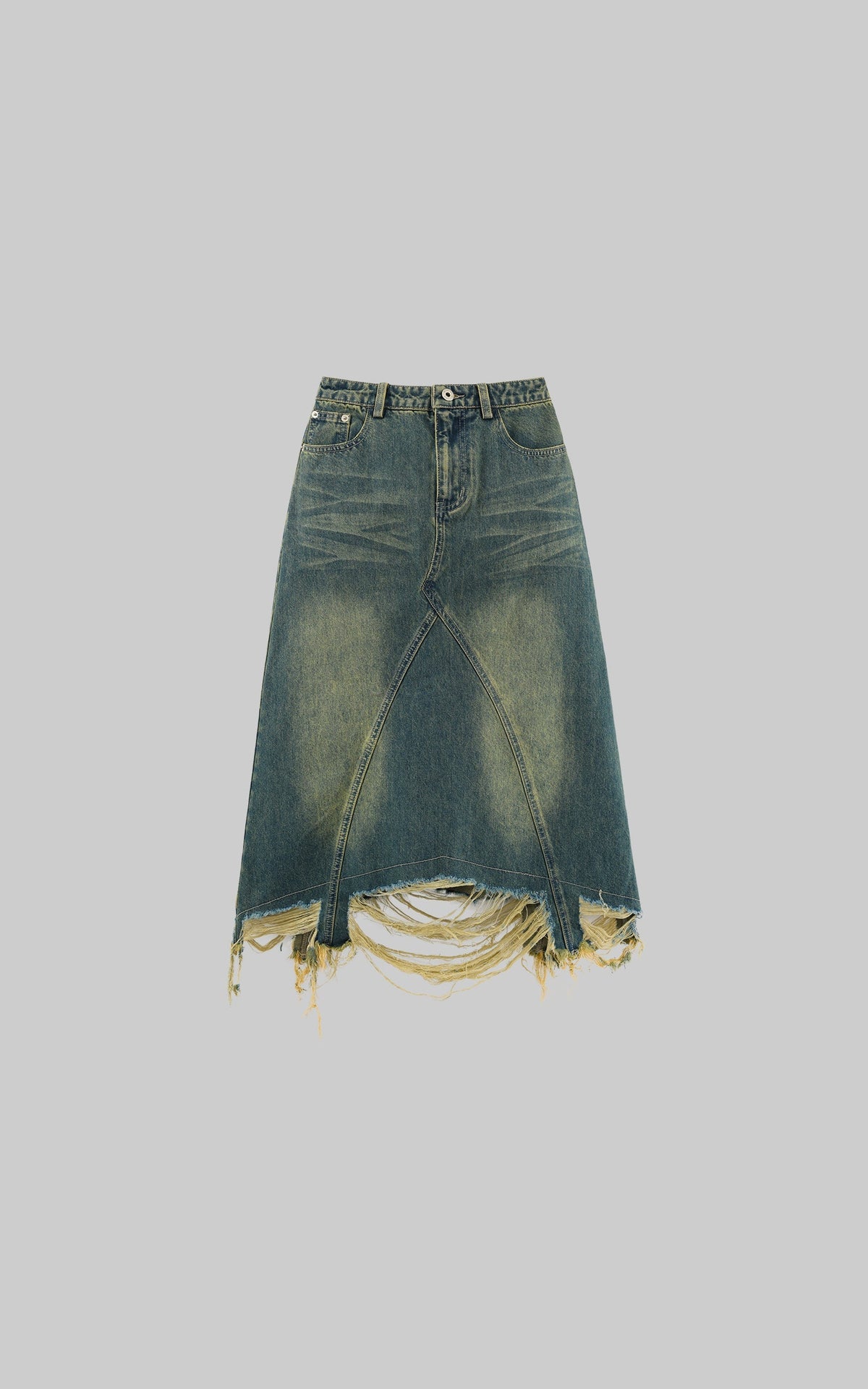 Distressed Denim Skirt with Deconstructed Hem and Vintage Washed Edge