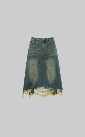 Distressed Denim Skirt with Deconstructed Hem and Vintage Washed Edge