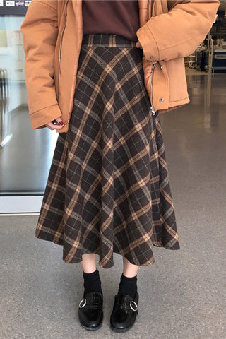 High Waist Wool Plaid Long Skirts