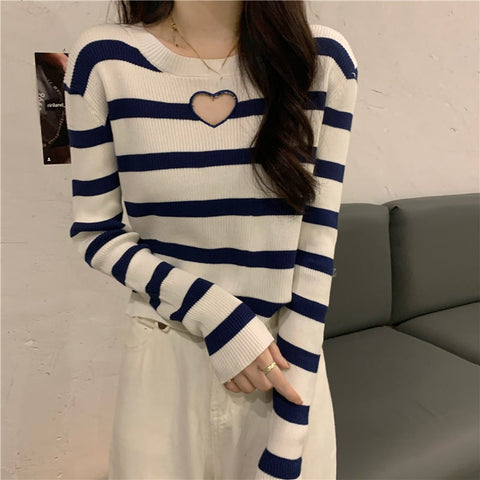 Cute Love Hole Shaped Striped Sweater