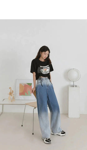 High Waist Vintage Gradient Loose Wide Leg Long Jeans