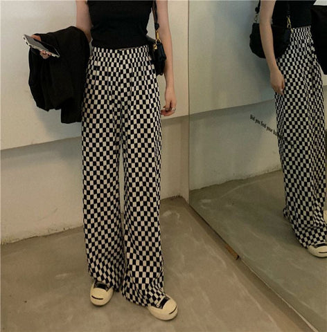 Black White Plaid Checkered Wide Leg Pants