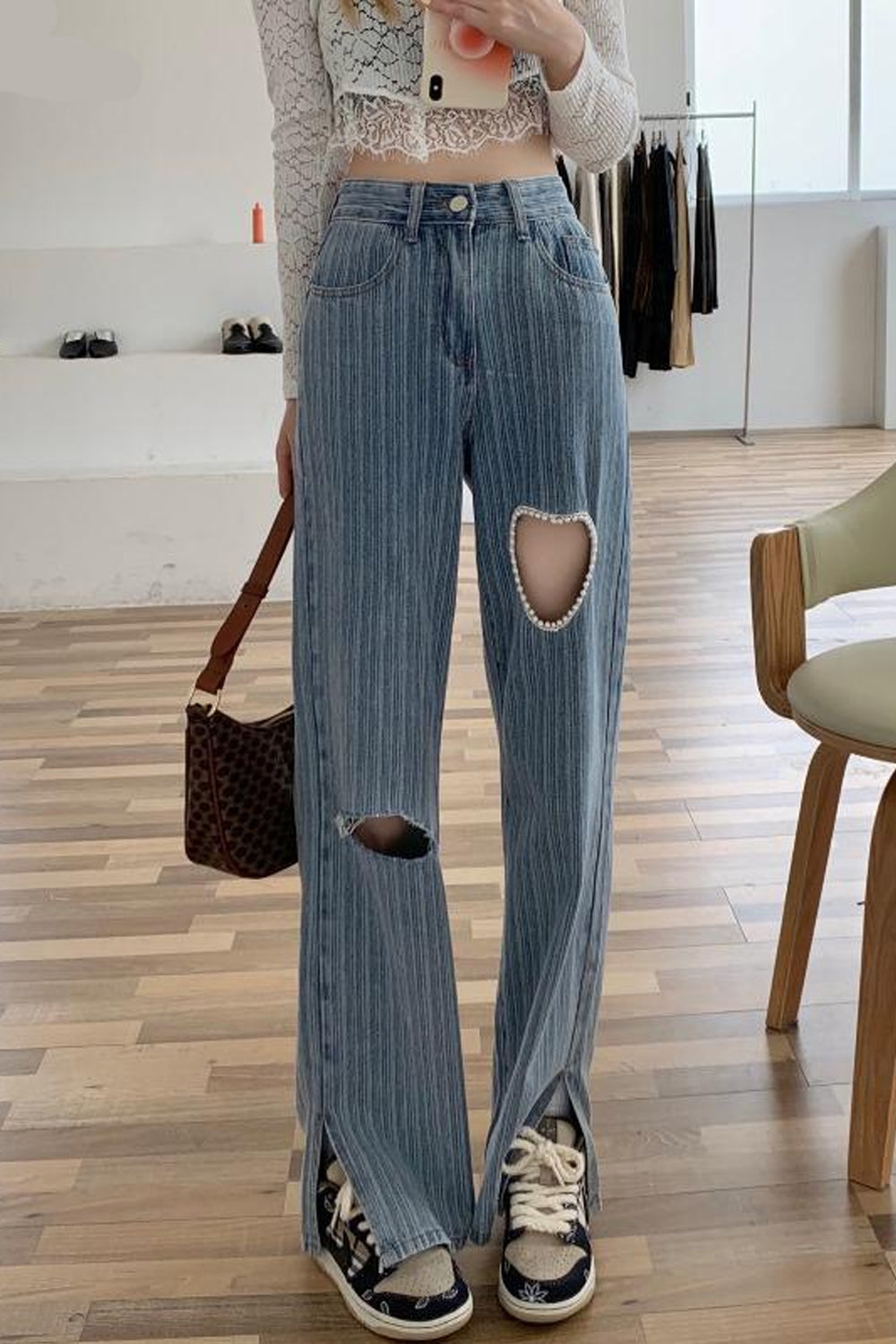 Heart Shaped Hole Jeans Pants