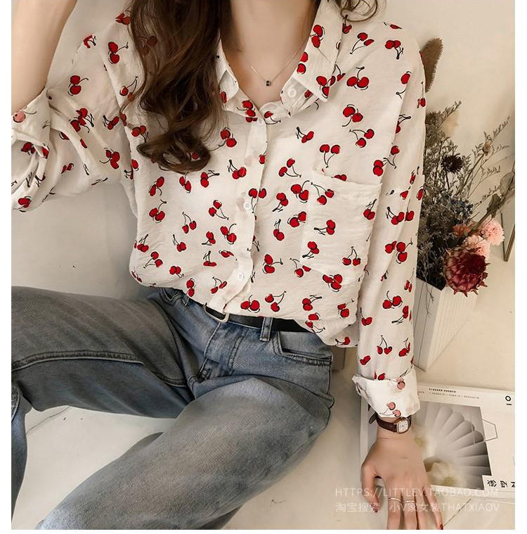 Cherries Full Printed Long Sleeve Blouse Shirt