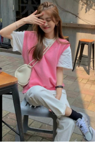V-Neck Sweet Pink Vest Sleeveless Sweater