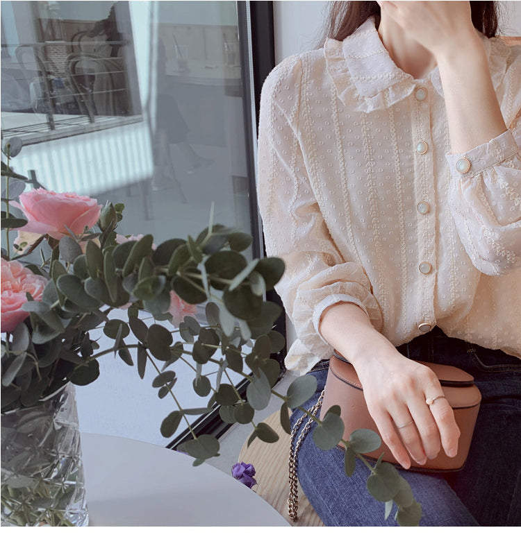 Blusa de gasa de manga larga con cuello de muñeca 