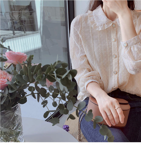 Blusa de gasa de manga larga con cuello de muñeca 