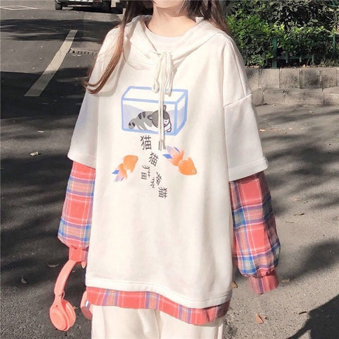 Cat and Fish Aquarium Printed Fake Two Plaid Combine Shirt