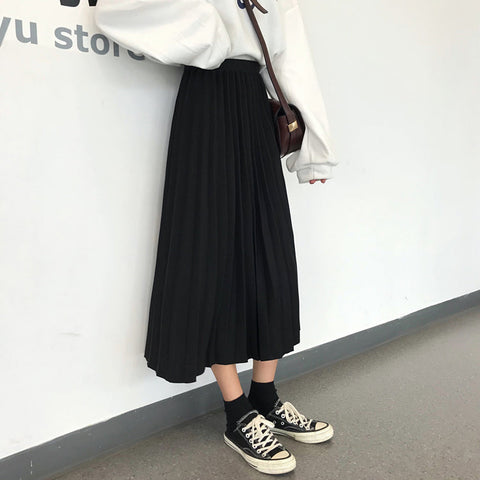 High Elastic Waist Rib Pleated Long Skirt