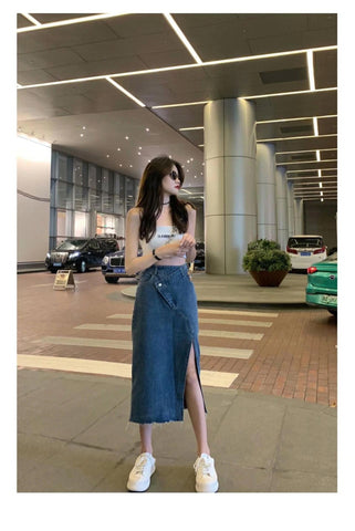 High Waist Irregular Split Long Jeans Skirt