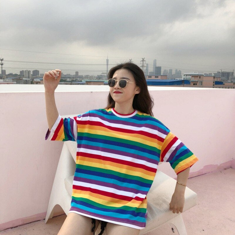 Rainbow Stripe Casual Short Sleeve Shirt