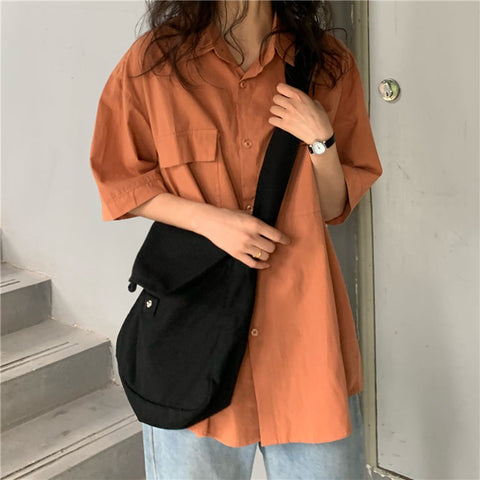 Double Pockets Retro Short Sleeve Blouse Shirts