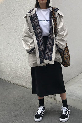 Plaid Spliced Retro Windbreaker Coat Jacket